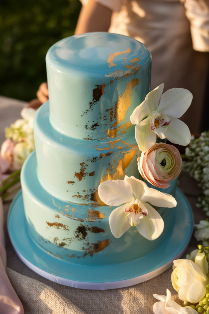 spring-wedding-cakes020 Mirror Glaze Cake with Metallic Accents