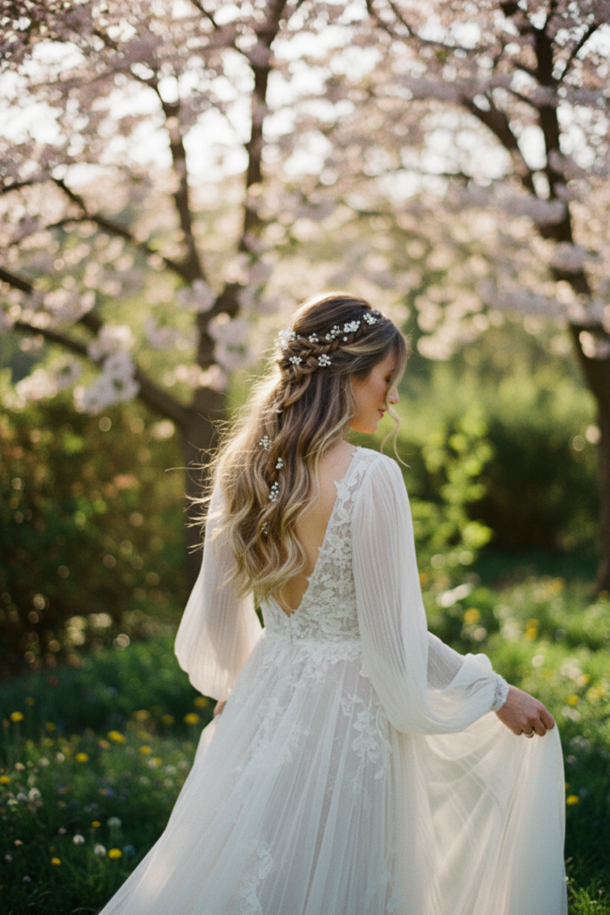 spring wedding hair cascading curls and braid