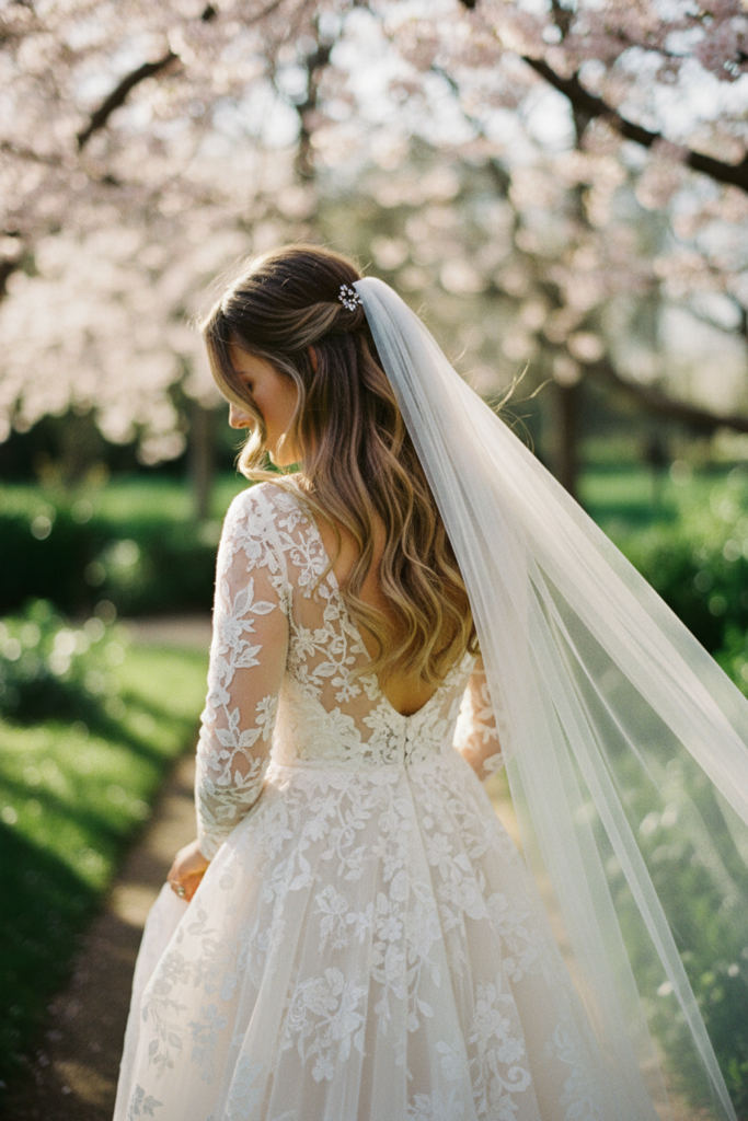 spring wedding hair half up with veil