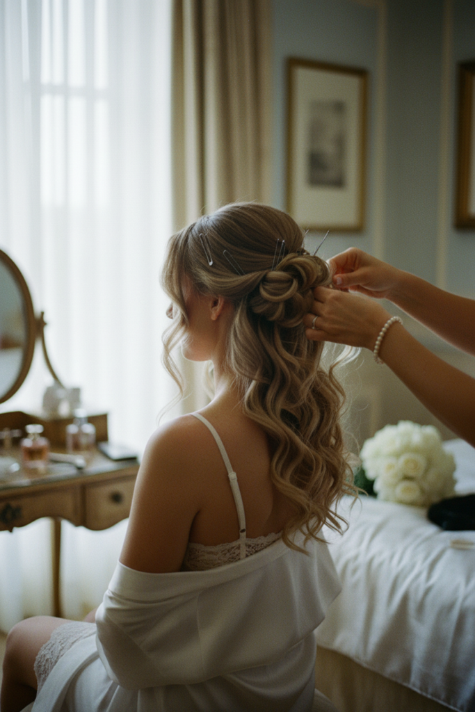 sachin and babi light blue dress The Best Hairstyles for Every Wedding Dress Neckline main image 0
