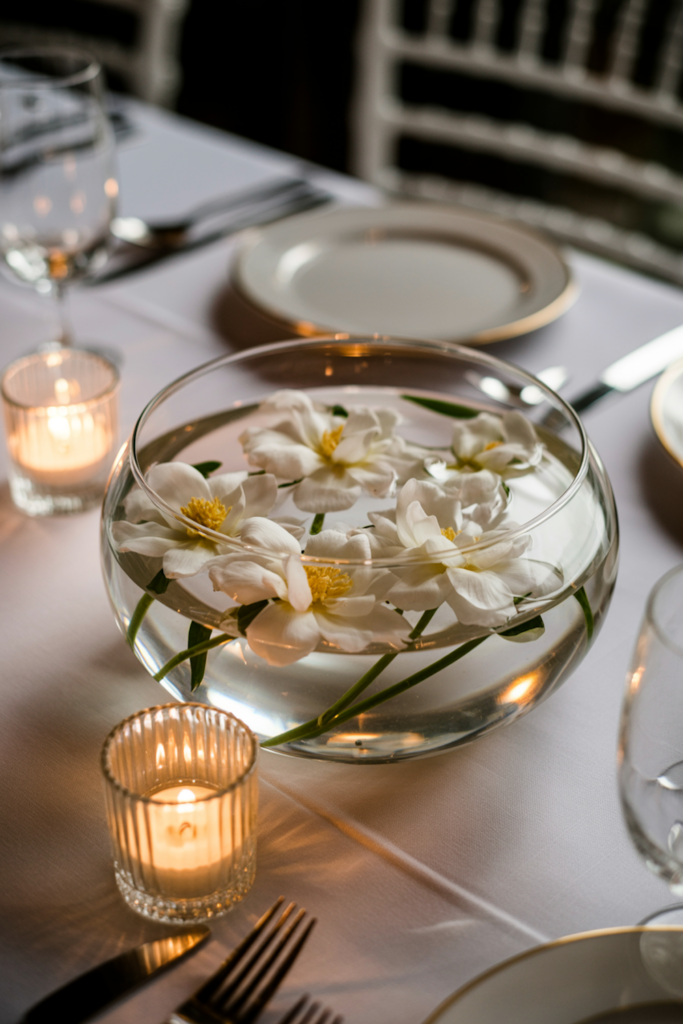 Floating blooms in low bowls