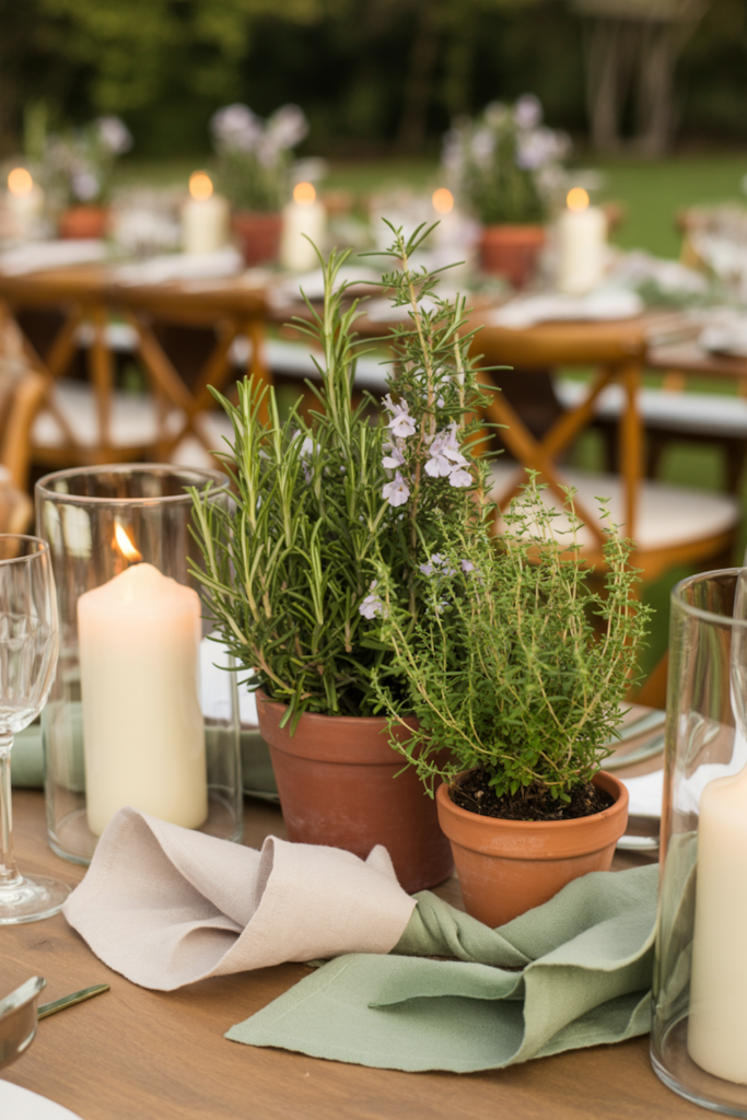 Potted herbs at centerpieces