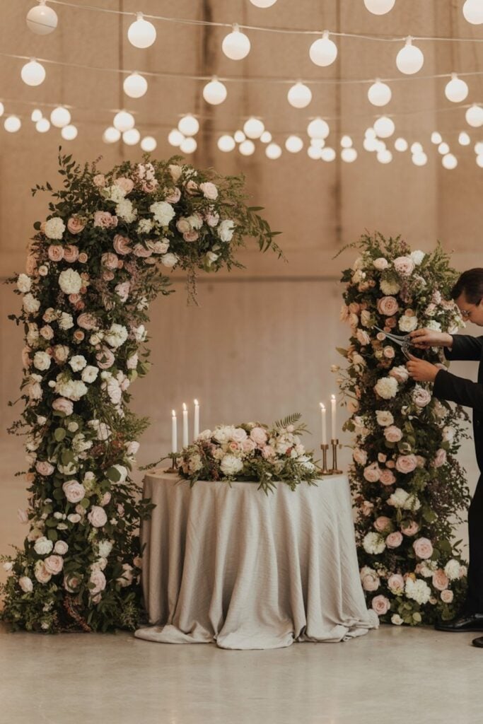 wedding ceremony flowers transferred to wedding reception space
