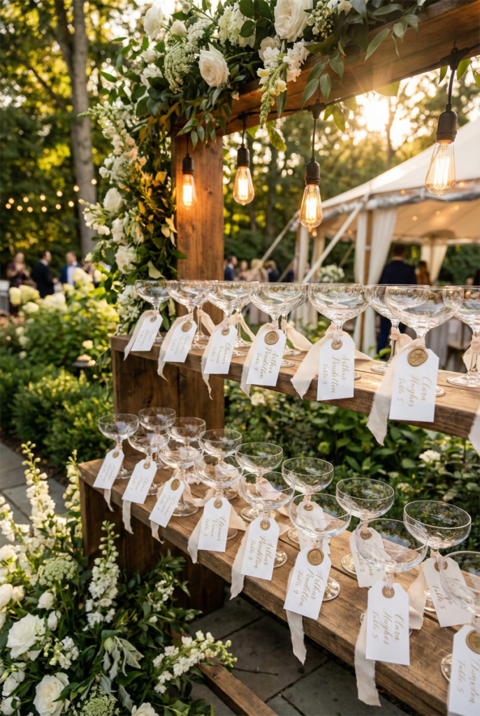 champagne coupes seating cards wedding