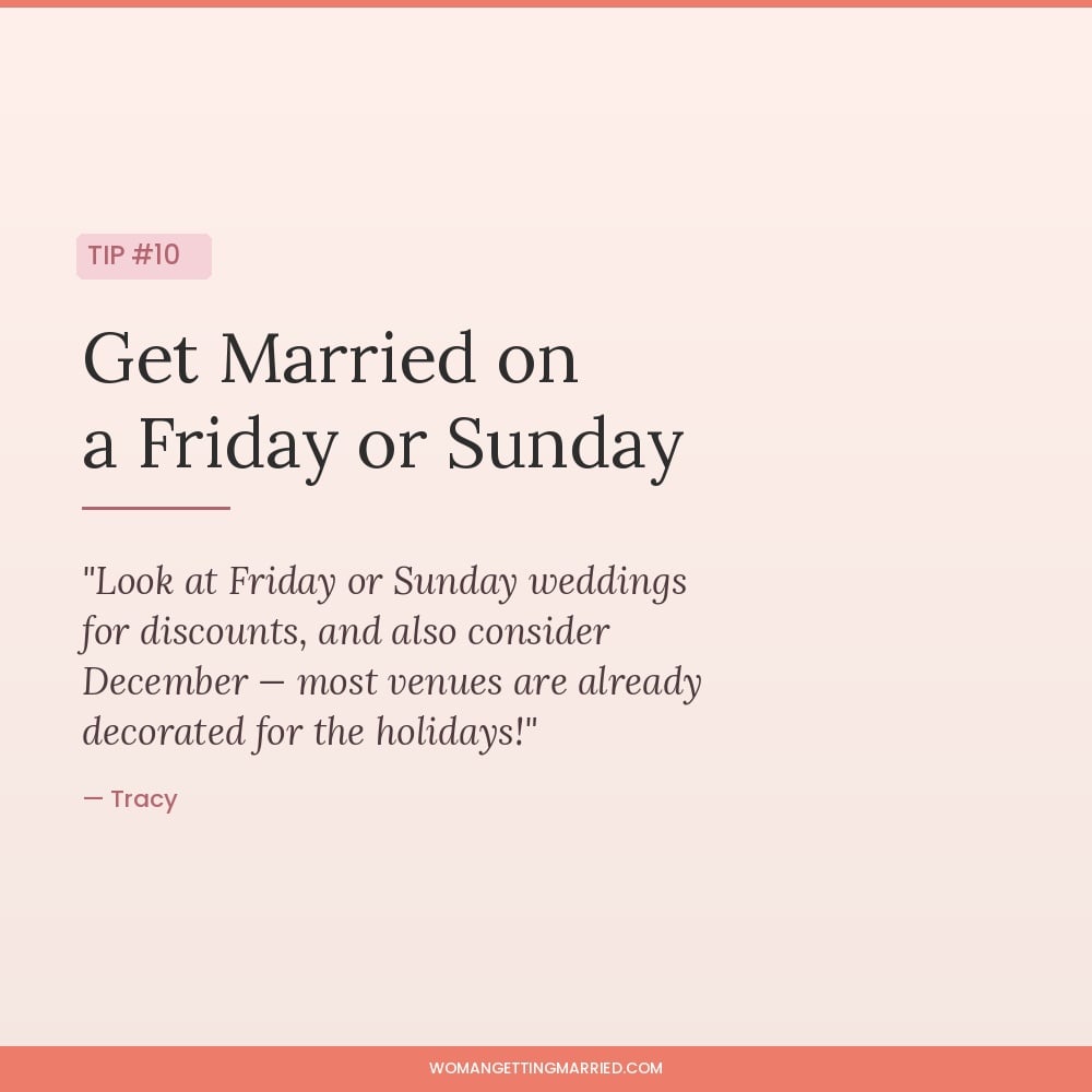 wedding budget tip get married on a Friday or Sunday for venue discounts