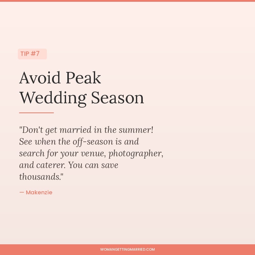 wedding budget tip avoid summer wedding season for lower vendor prices