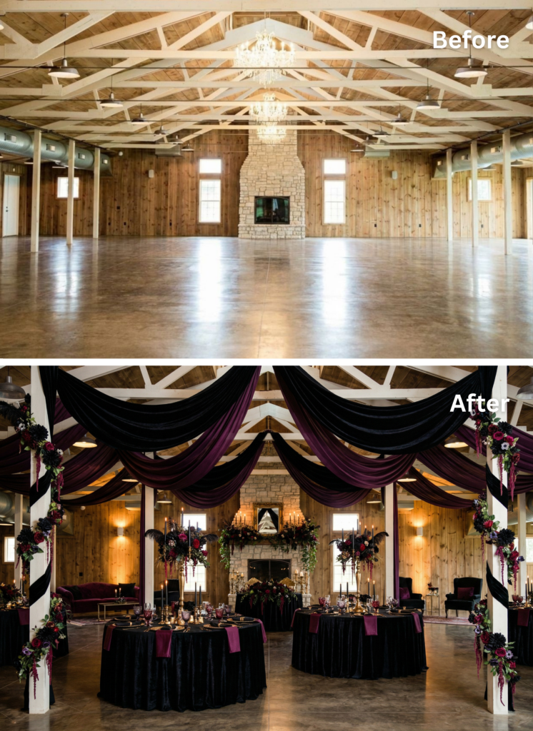 moody wedding venue transformation
