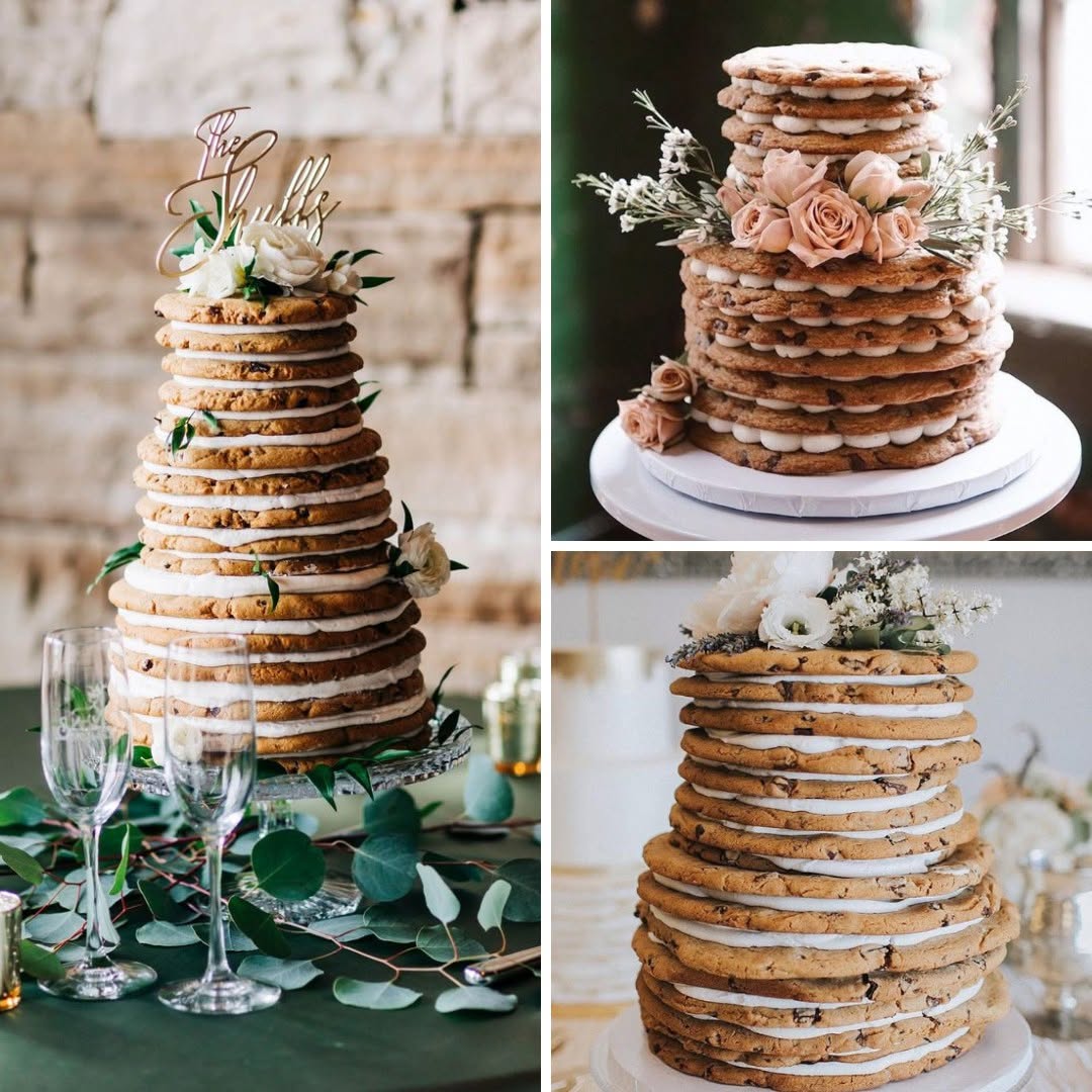 Tiered wedding cookie cake made of stacked oversized cookies with blush roses and dried greenery focal arrangement, soft natural lighting