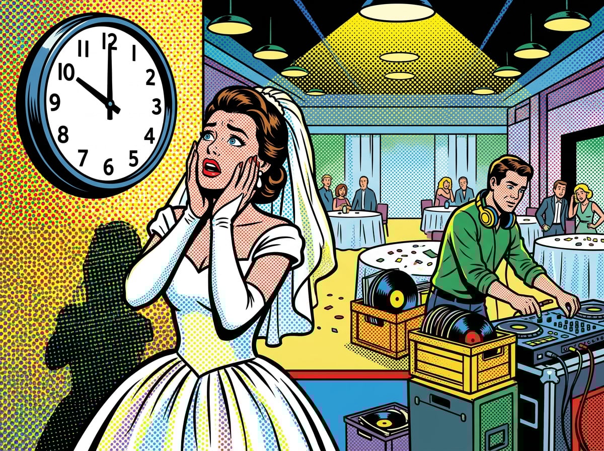 Bride looking alarmed at a clock showing 10 PM as the DJ starts packing up at a wedding reception