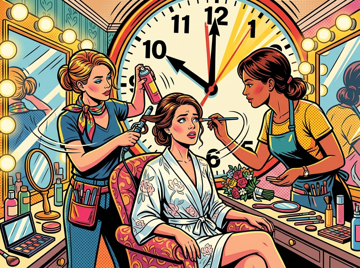 Bride in a bridal suite getting hair and makeup done with a large clock on the wall showing limited time