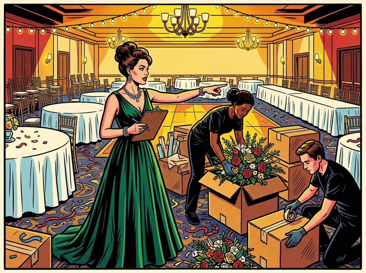 Woman in evening attire directing helpers to pack up wedding décor in an empty reception hall after the event
