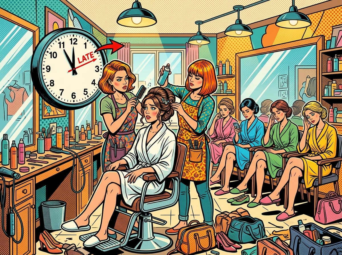 Bride getting hair and makeup done in a bridal suite while bridesmaids wait and the clock on the wall runs behind schedule