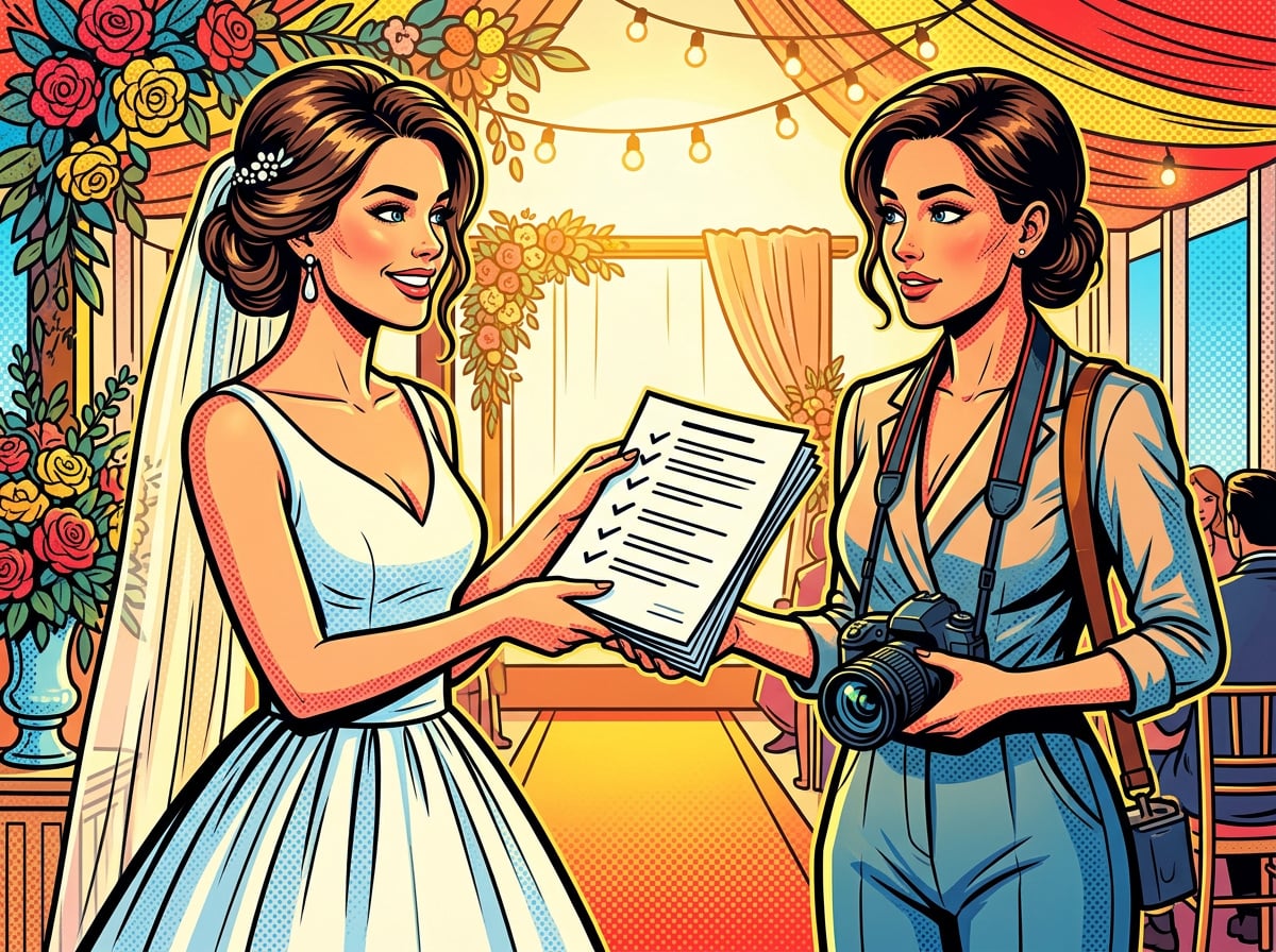 Bride handing a printed shot list to her photographer at the wedding venue before the ceremony