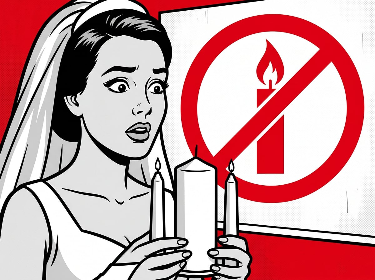 Bride holding a unity candle set in front of a no open flames sign at a wedding venue