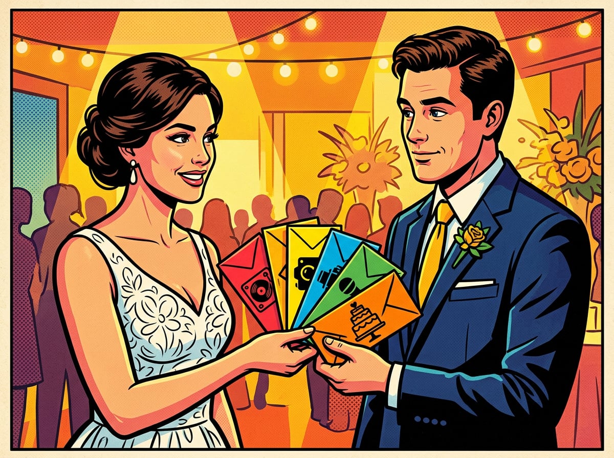 Bride handing labeled tip envelopes to the best man at the wedding reception for vendor distribution