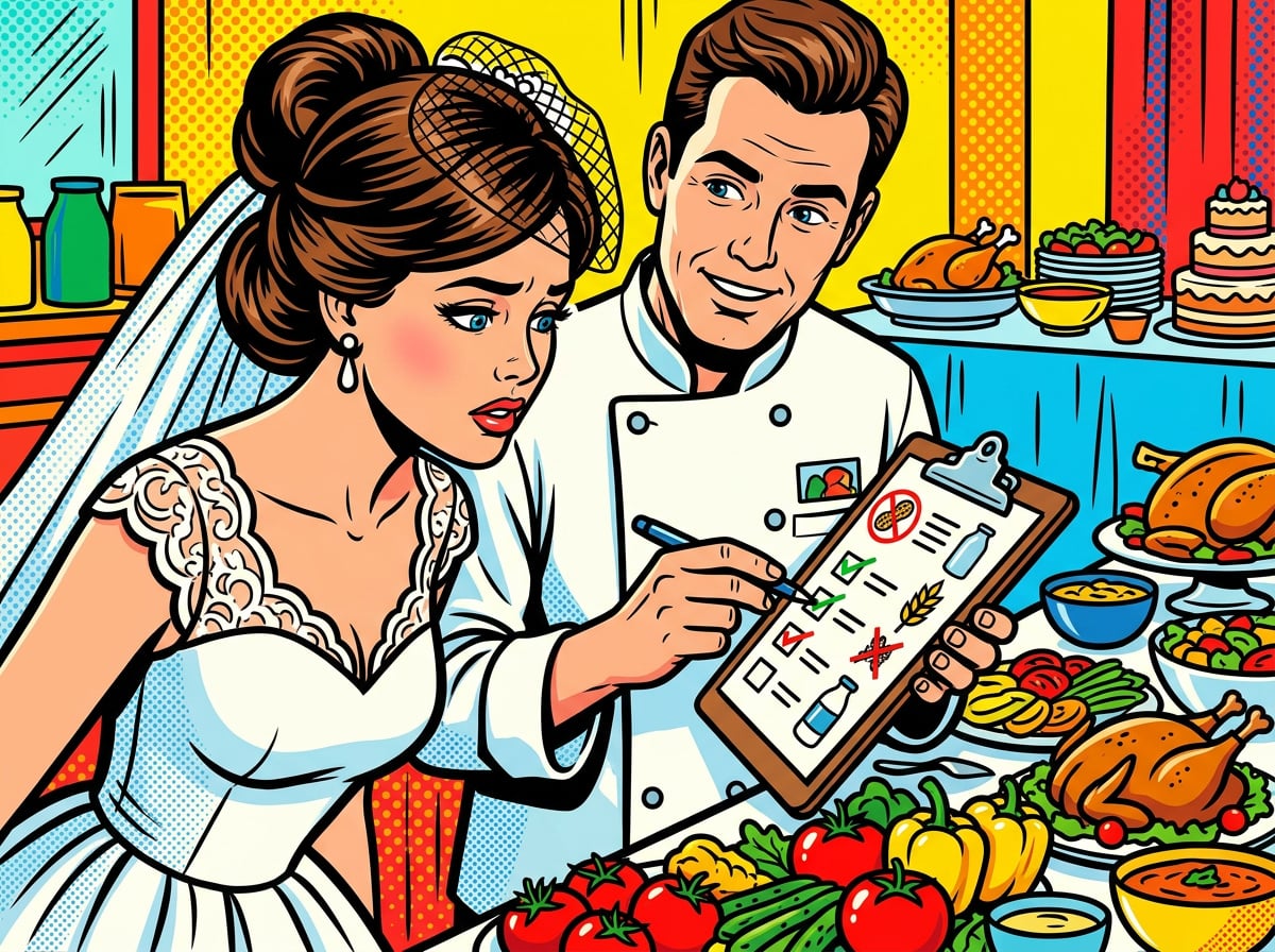 Bride reviewing a dietary requirements list with a caterer standing next to a banquet table full of food