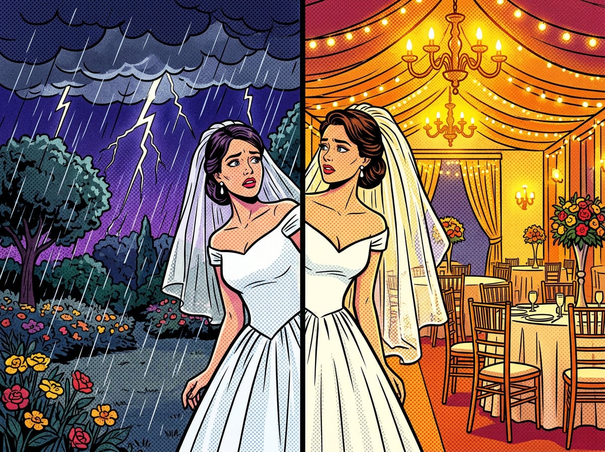 Bride choosing between a rainy outdoor ceremony space and a warm indoor backup venue