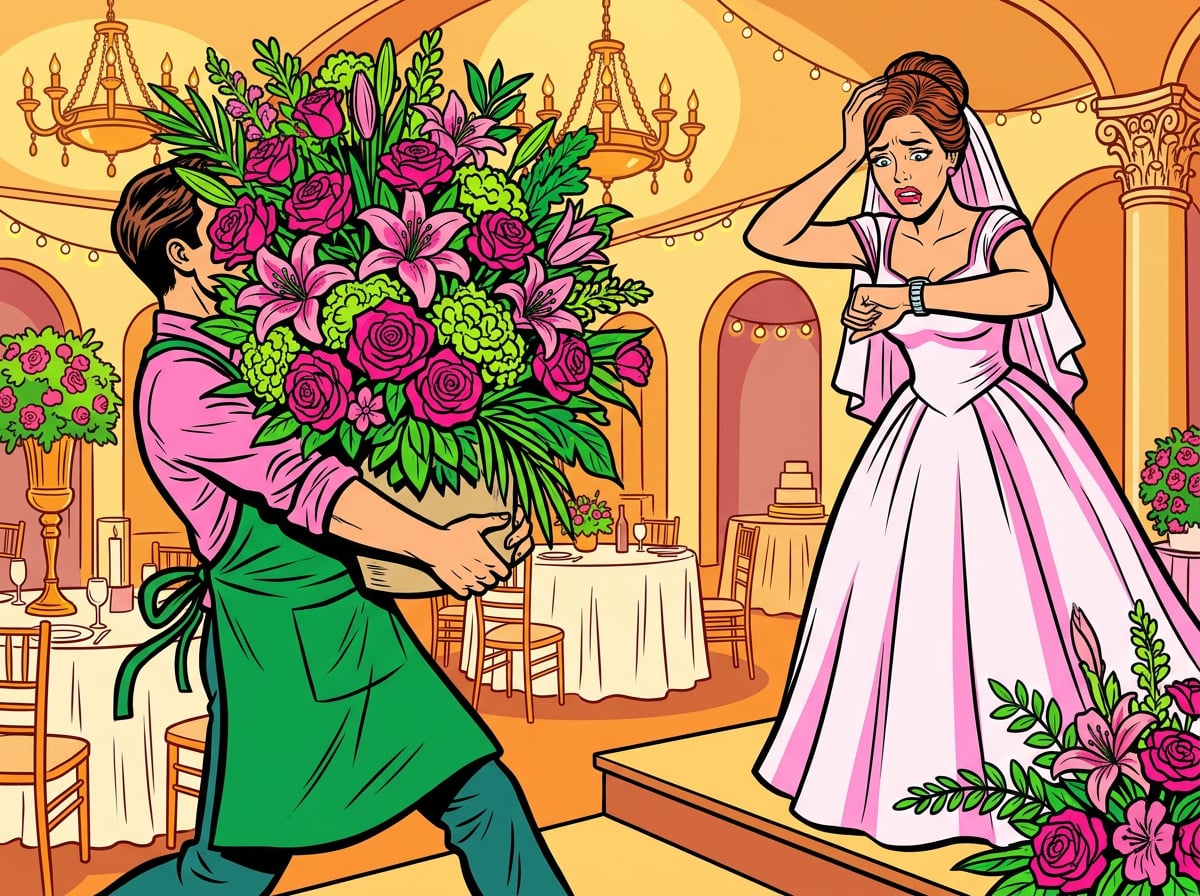 Florist delivering a large floral arrangement to a venue while the bride anxiously checks her watch