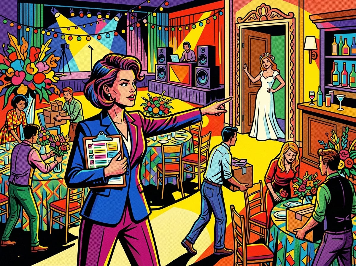 A wedding day coordinator directing vendors in a reception hall while the bride watches calmly nearby