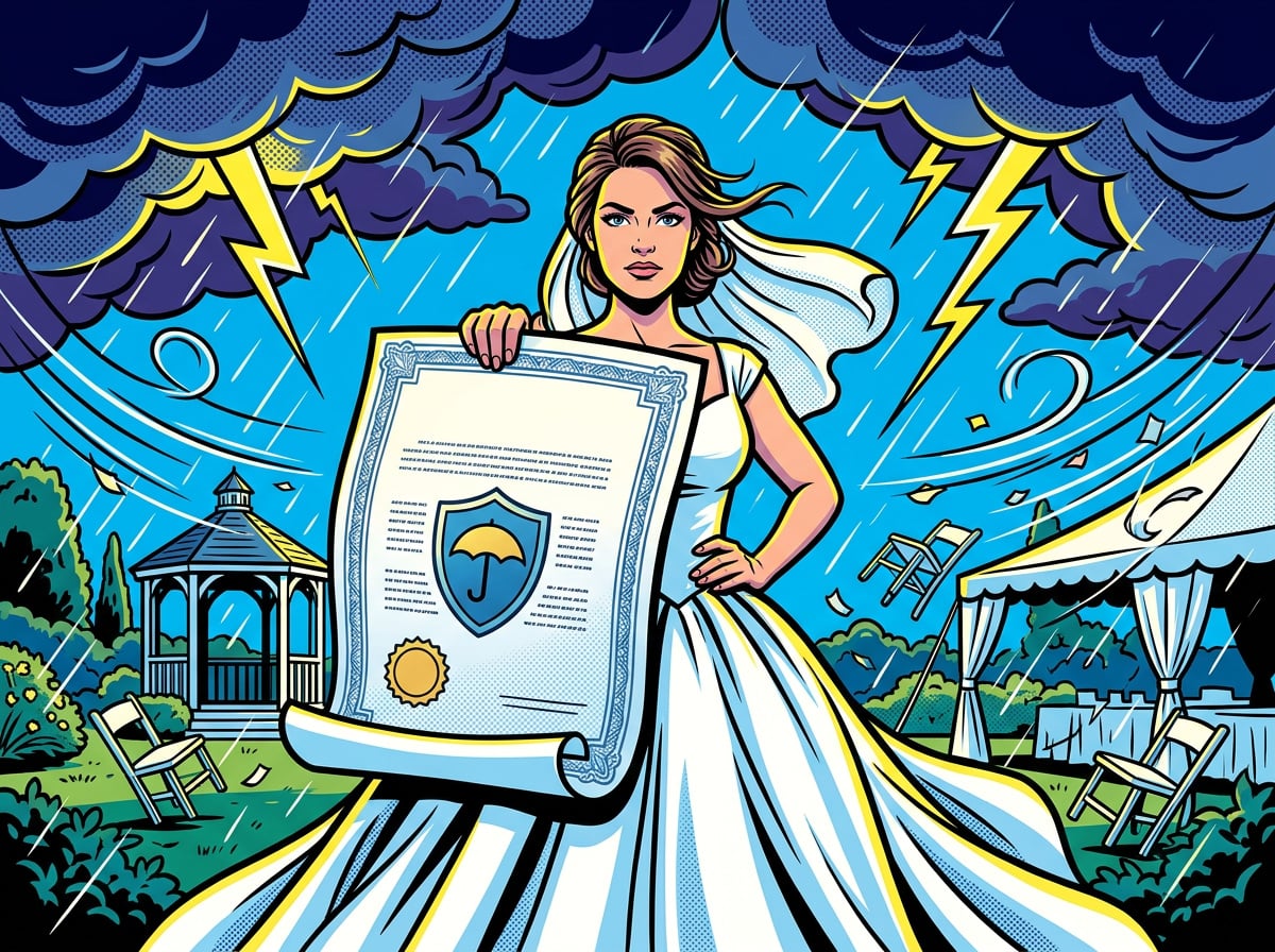 Bride holding a wedding insurance policy document while storm clouds gather over her outdoor wedding venue