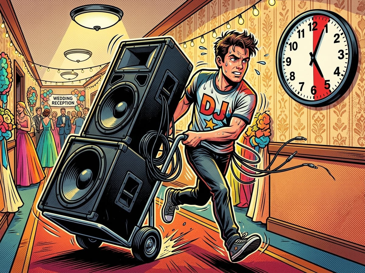 DJ hauling heavy speaker equipment through a wedding venue with a clock showing the tight timeline