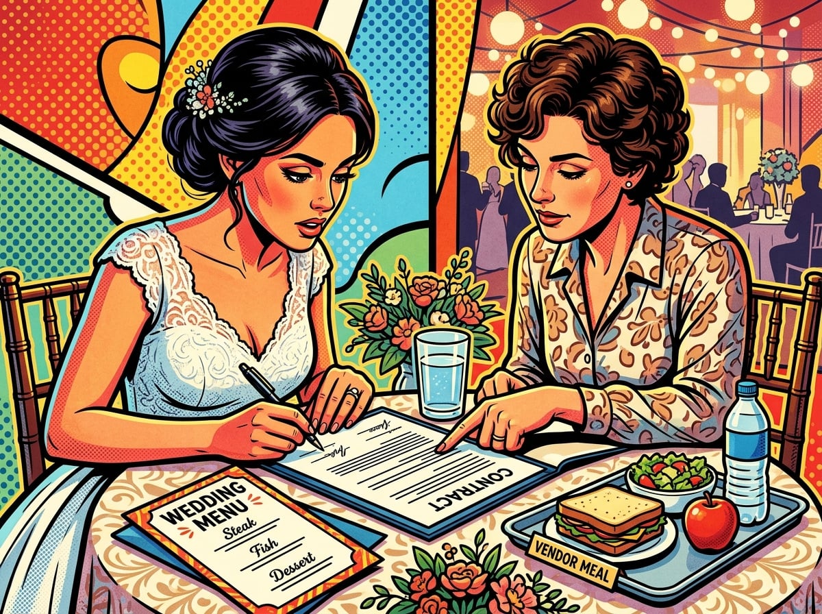 Bride and caterer reviewing a contract with a vendor meal tray and catering menu on the table