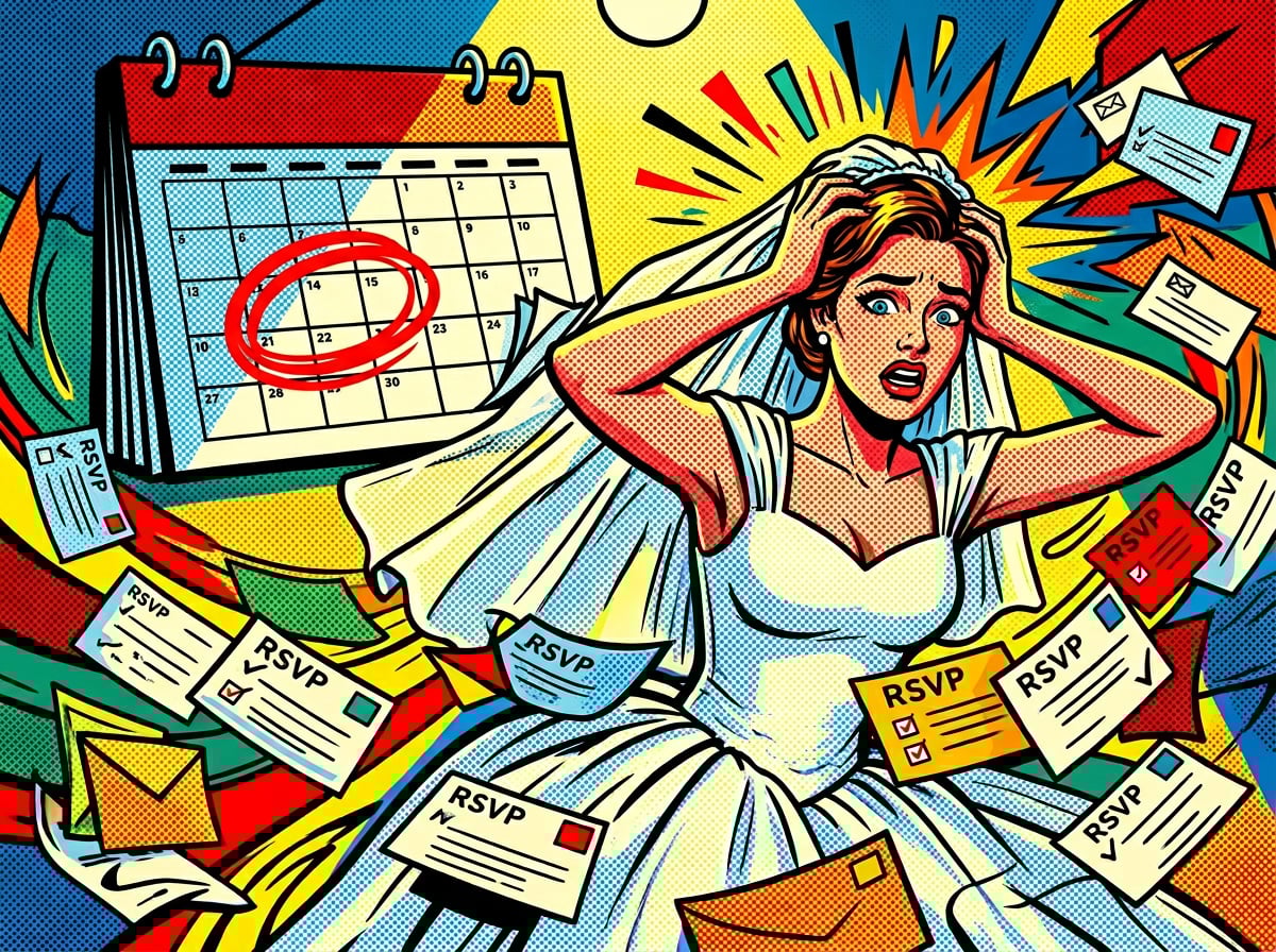 Stressed bride surrounded by RSVP cards and a calendar with a final guest count deadline circled