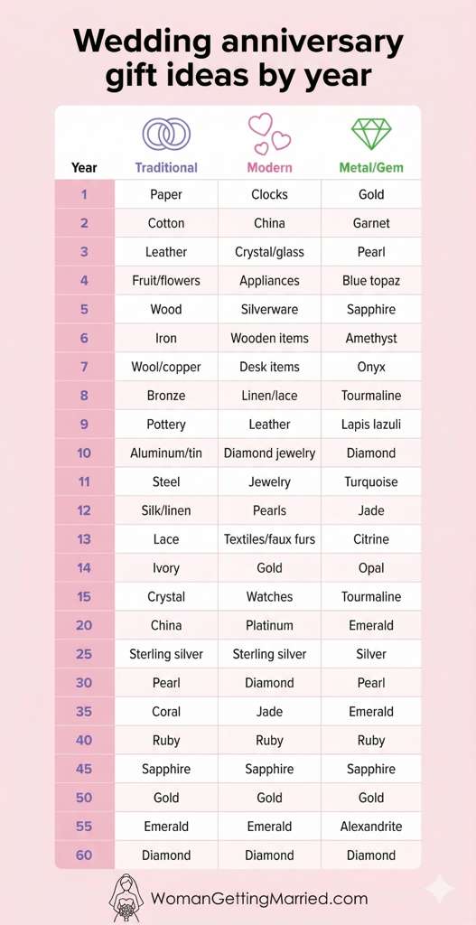 anniversary gifts by year complete list infographic
