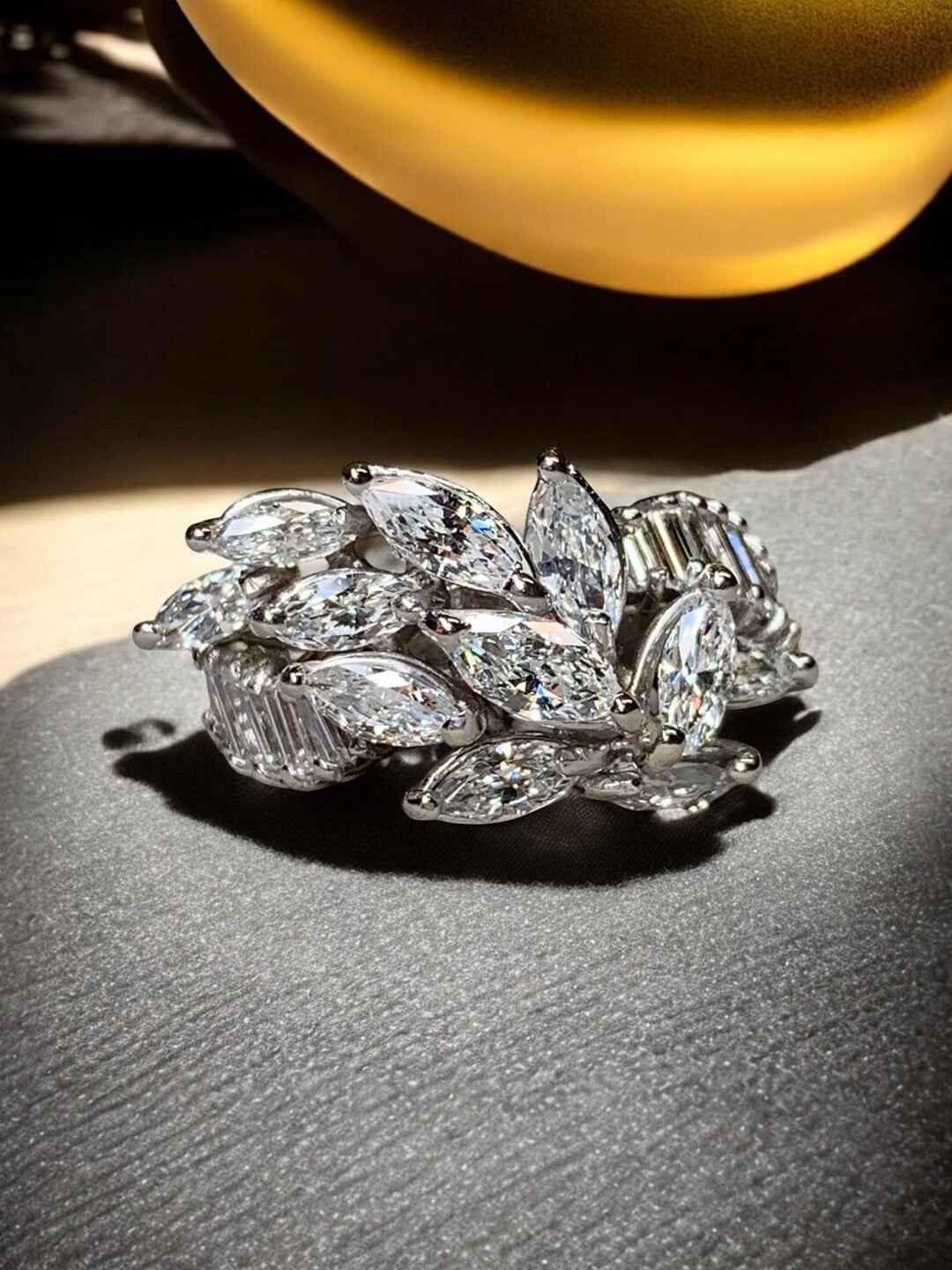 Vintage 1950s platinum marquise baguette diamond Retro cocktail ring