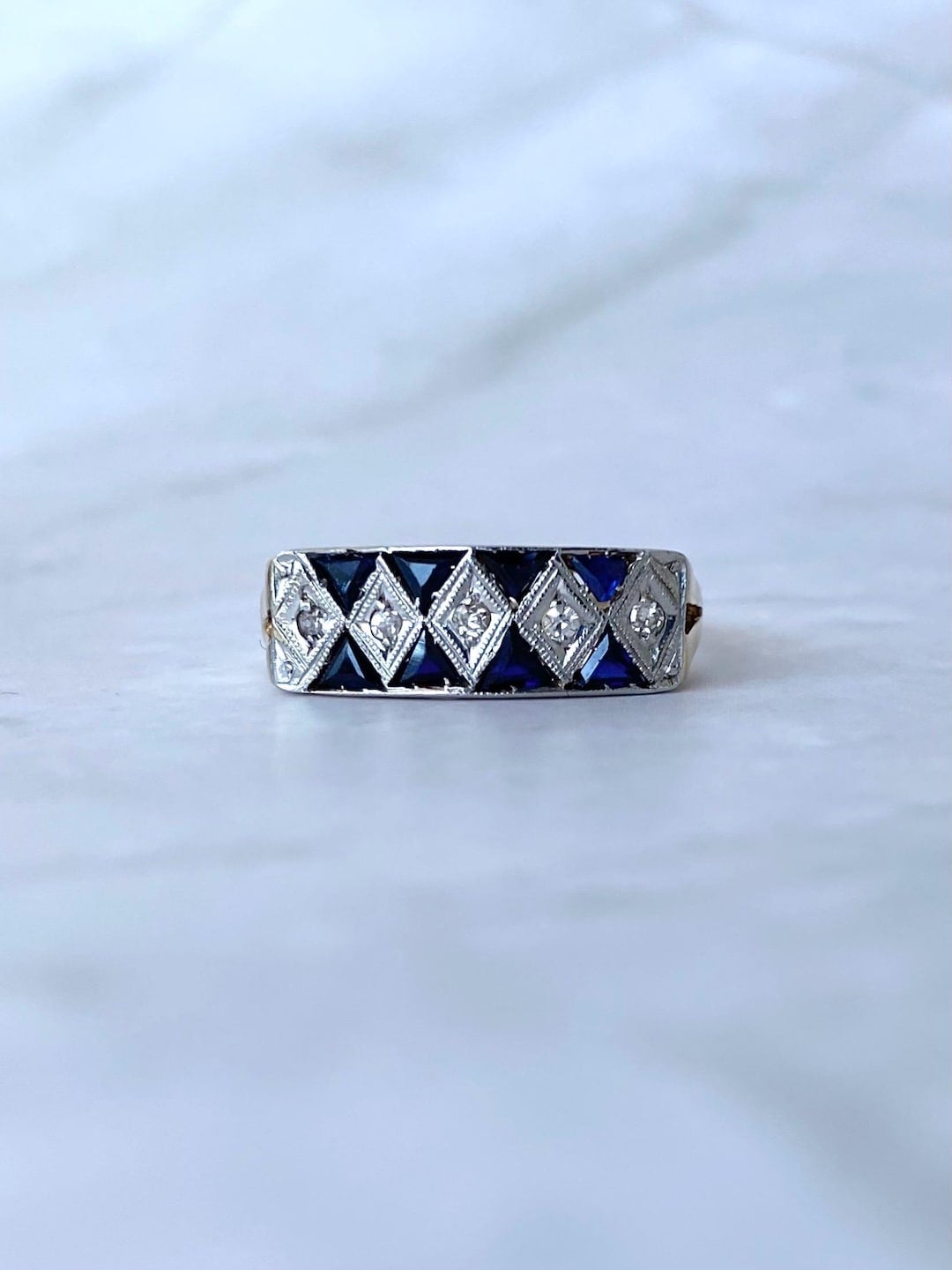 Antique original Art Deco sapphire and diamond 18ct gold ring