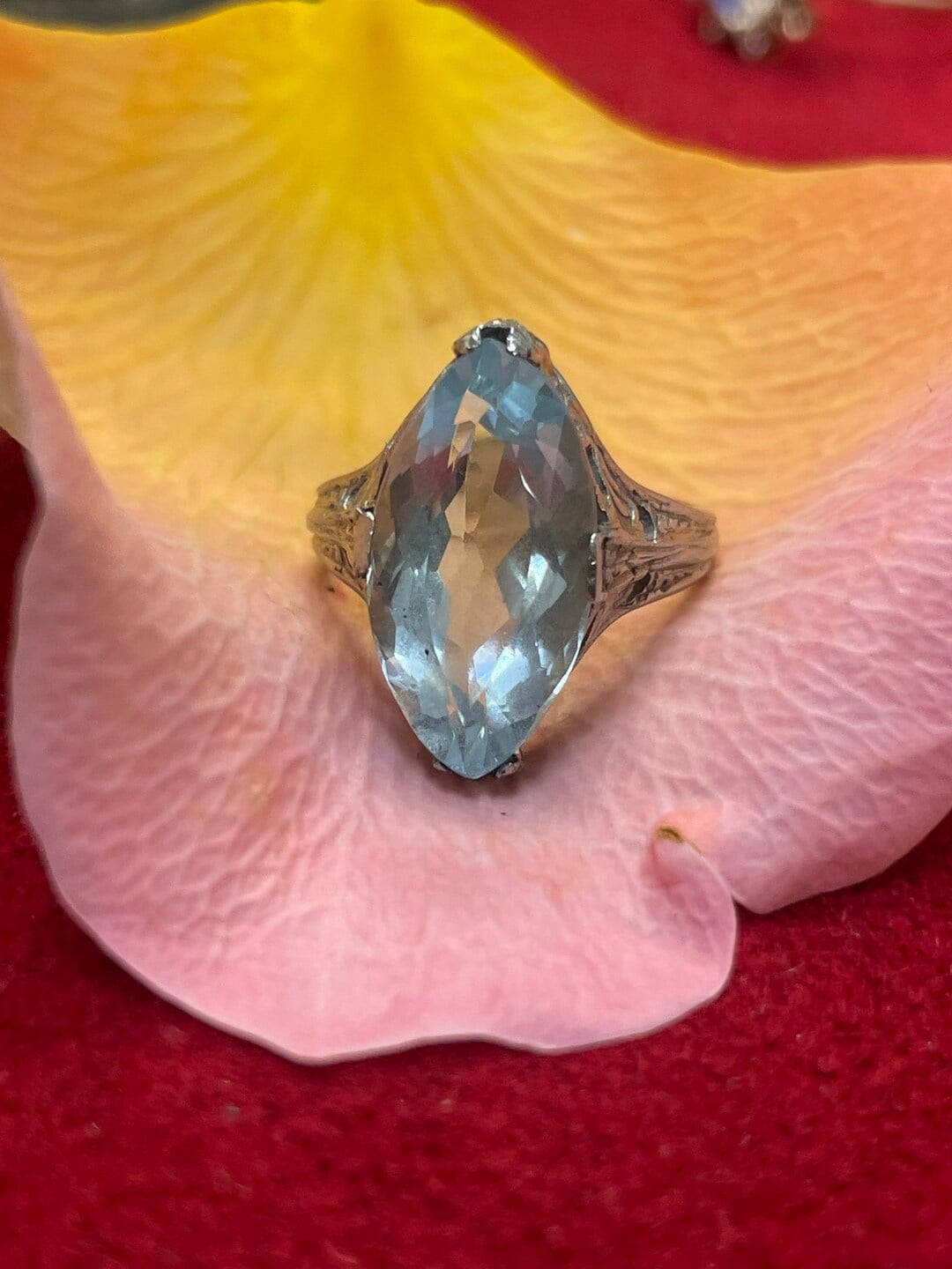 1920s Art Deco 5 carat marquise aquamarine 18K white gold ring