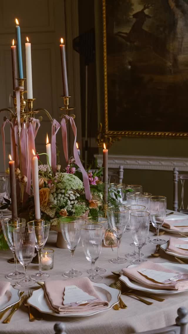 Moody reception table with tall blue taper candles in slim holders, pastel floral centerpiece, white linens, layered glassware, and warm ambient candlelight