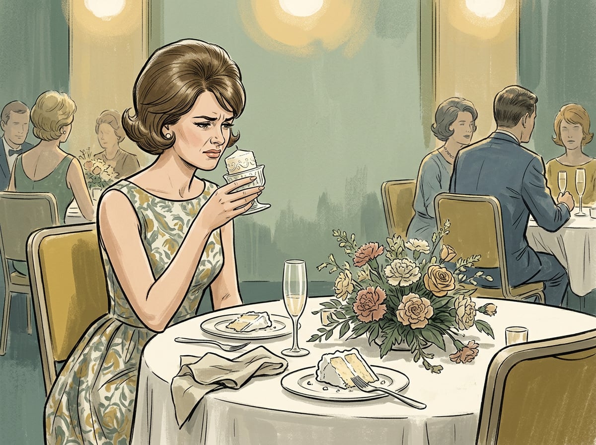 Illustrated wedding guest sniffing a candle favor with a polite but pained expression at a reception table