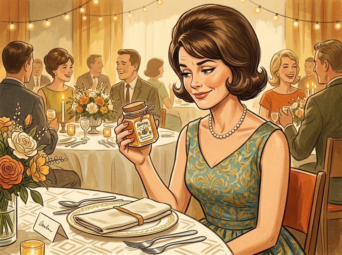 Illustrated wedding guest reading a punny honey jar label at a reception table