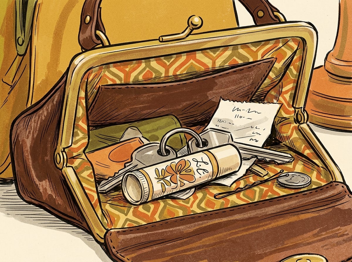 Illustrated personalized lip balm favor forgotten at the bottom of a guest's purse