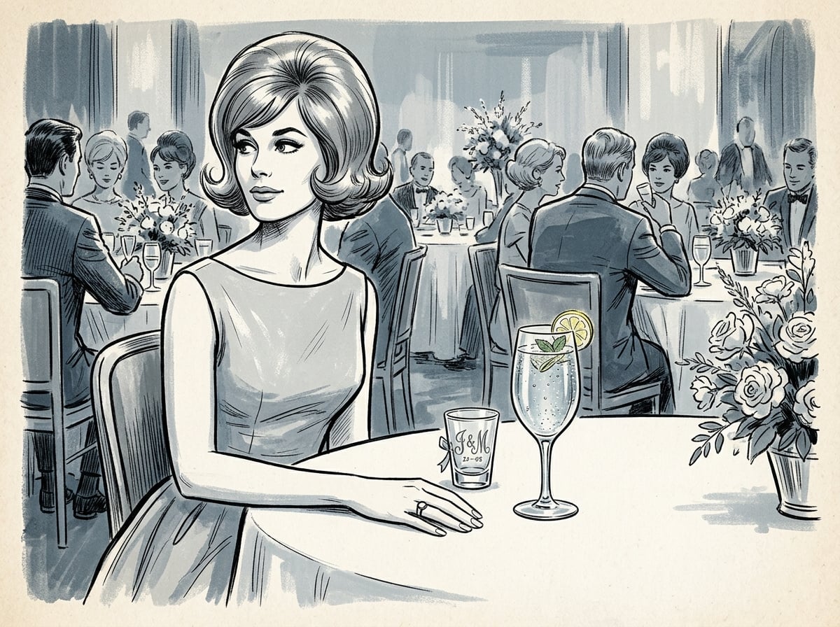 Illustrated shot glass favor sitting untouched in front of a non-drinking wedding guest