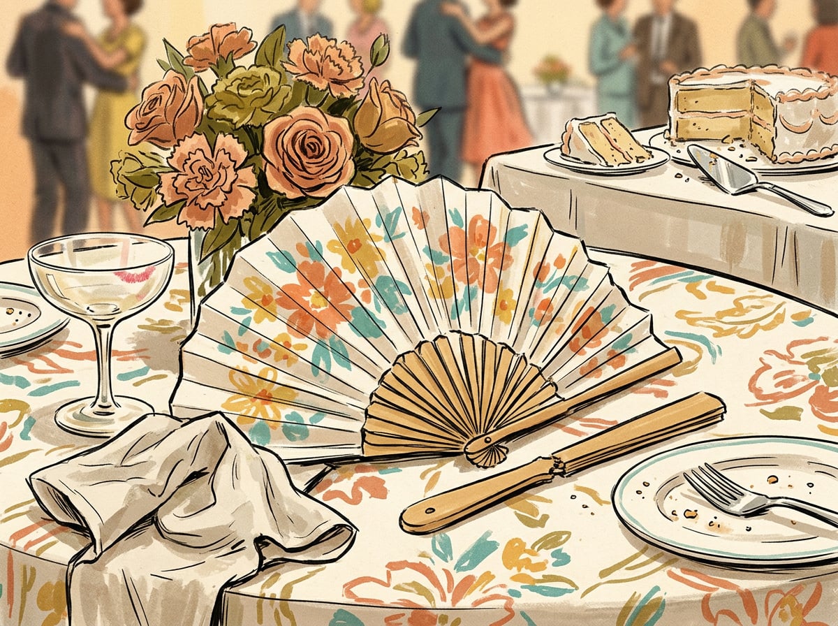 Illustrated broken paper fan favor falling apart at a wedding reception table