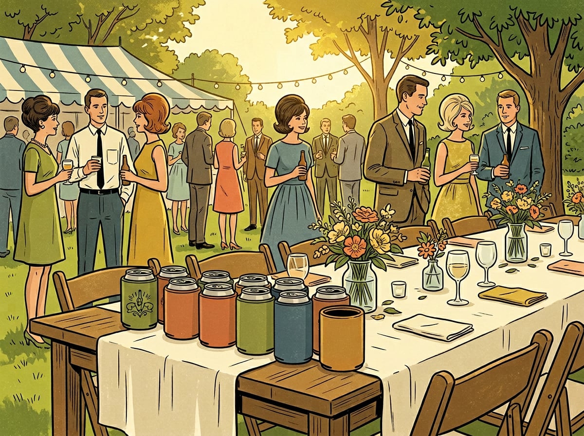 Illustrated wedding reception table with rows of personalized koozies left behind by guests
