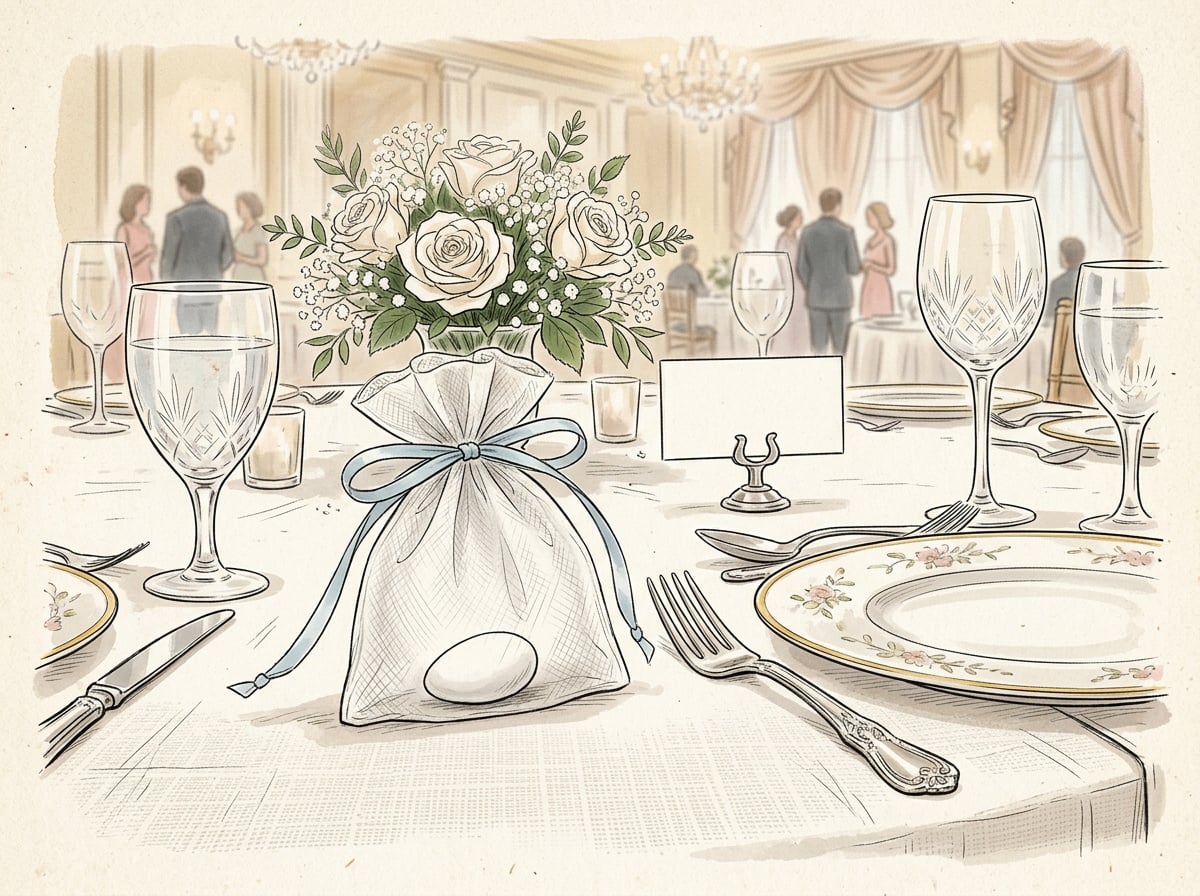 Illustrated close-up of a single Jordan almond in a small tulle bag at a wedding place setting