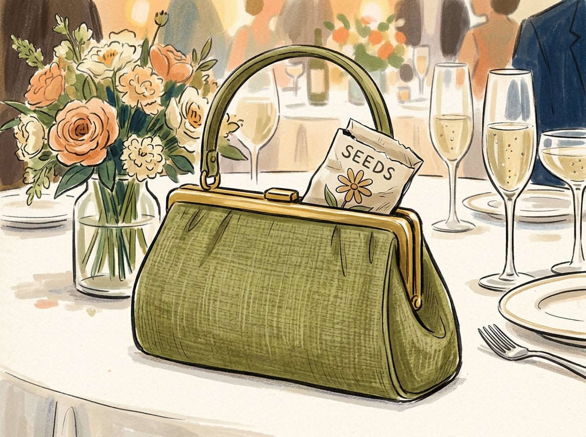 Illustrated seed packet favor tucked forgotten into a guest's handbag at a wedding reception