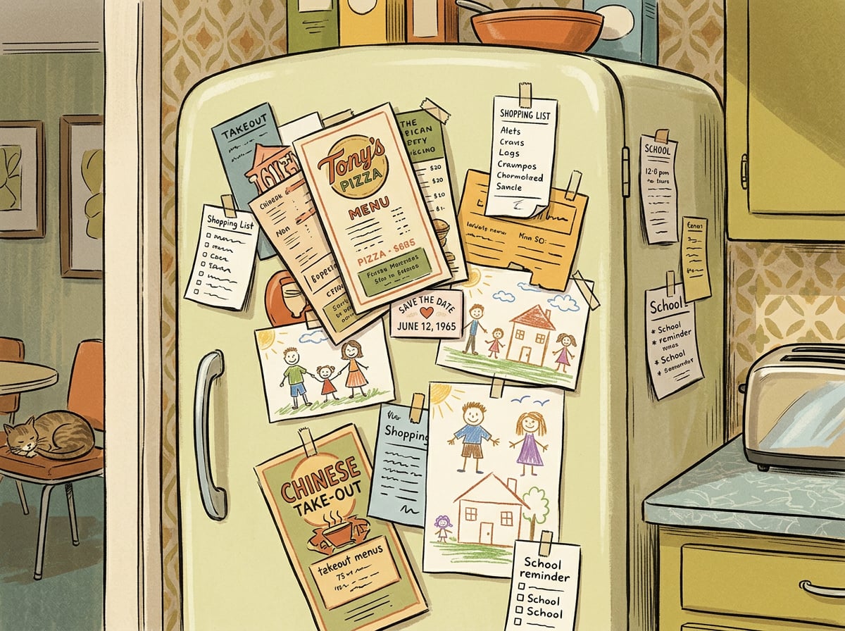 Illustrated refrigerator covered in magnets with a wedding date magnet lost among clutter