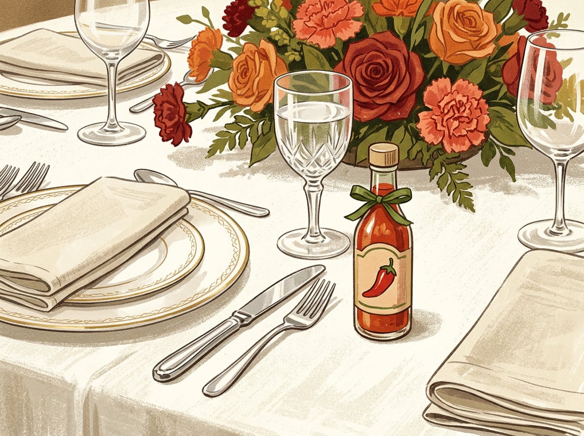 Illustrated mini hot sauce bottle sitting out of place at an elegant wedding table setting