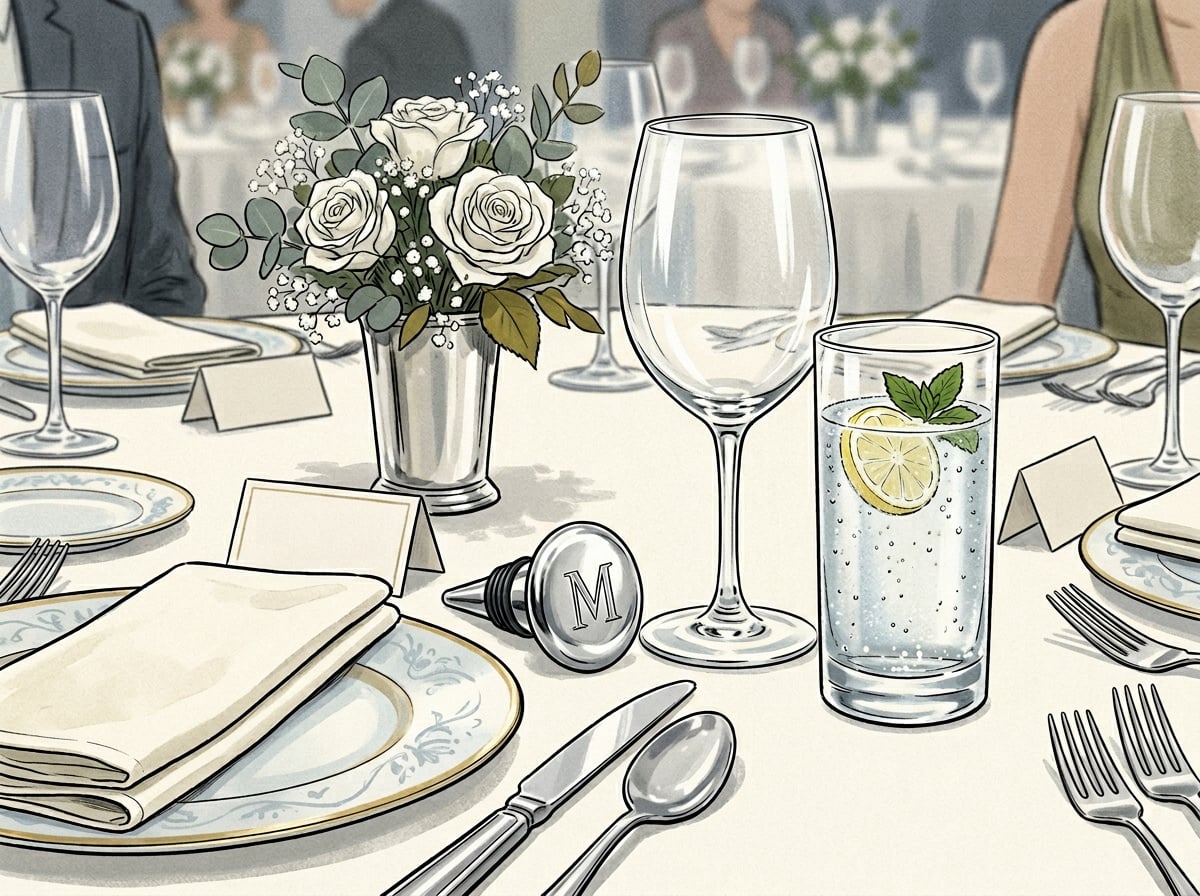 Illustrated monogrammed bottle stopper beside an untouched wine glass at a wedding reception table