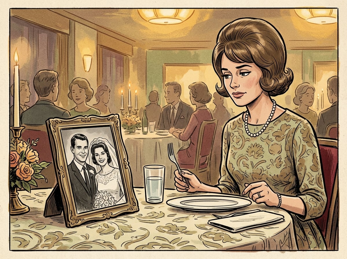Illustrated wedding guest looking neutrally at a picture frame favor containing the couple's photo