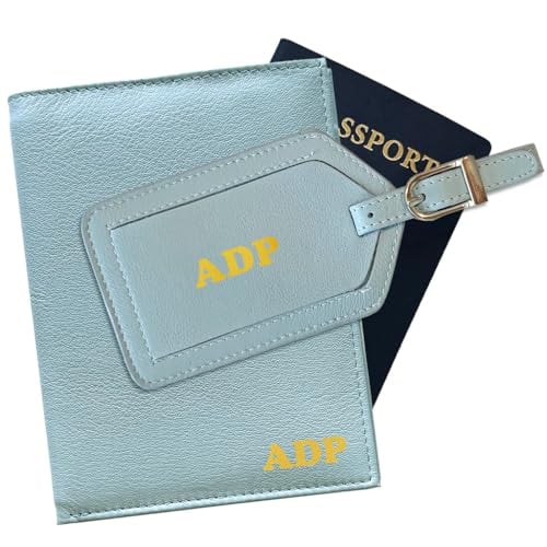 Deluxe personalized monogrammed chambray leather RFID passport wallet and luggage tag set