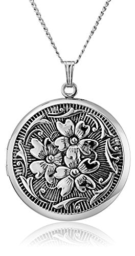 Amazon Essentials sterling silver round embossed antique photo locket necklace