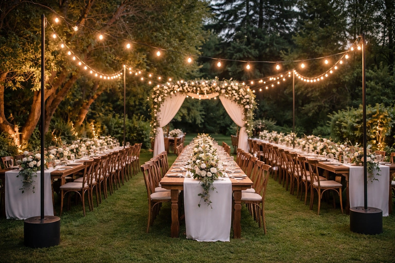 Outdoor wedding bistro string lights crisscrossed over long farm tables and floral chuppah