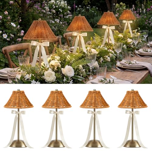Cordless rechargeable rattan wicker table lamps for outdoor wedding receptions