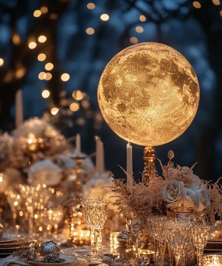 Glowing moon-shaped globe lamp centerpiece on outdoor wedding table with candles and florals
