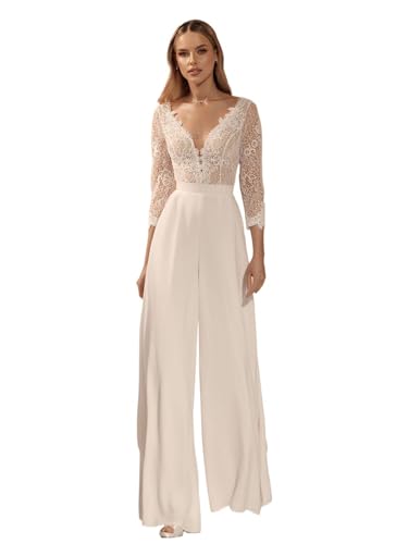VTsiERY 3/4 Sleeves Lace Bodice Wedding Bride Jumpsuits V-Neck Chiffon Bridal Pa